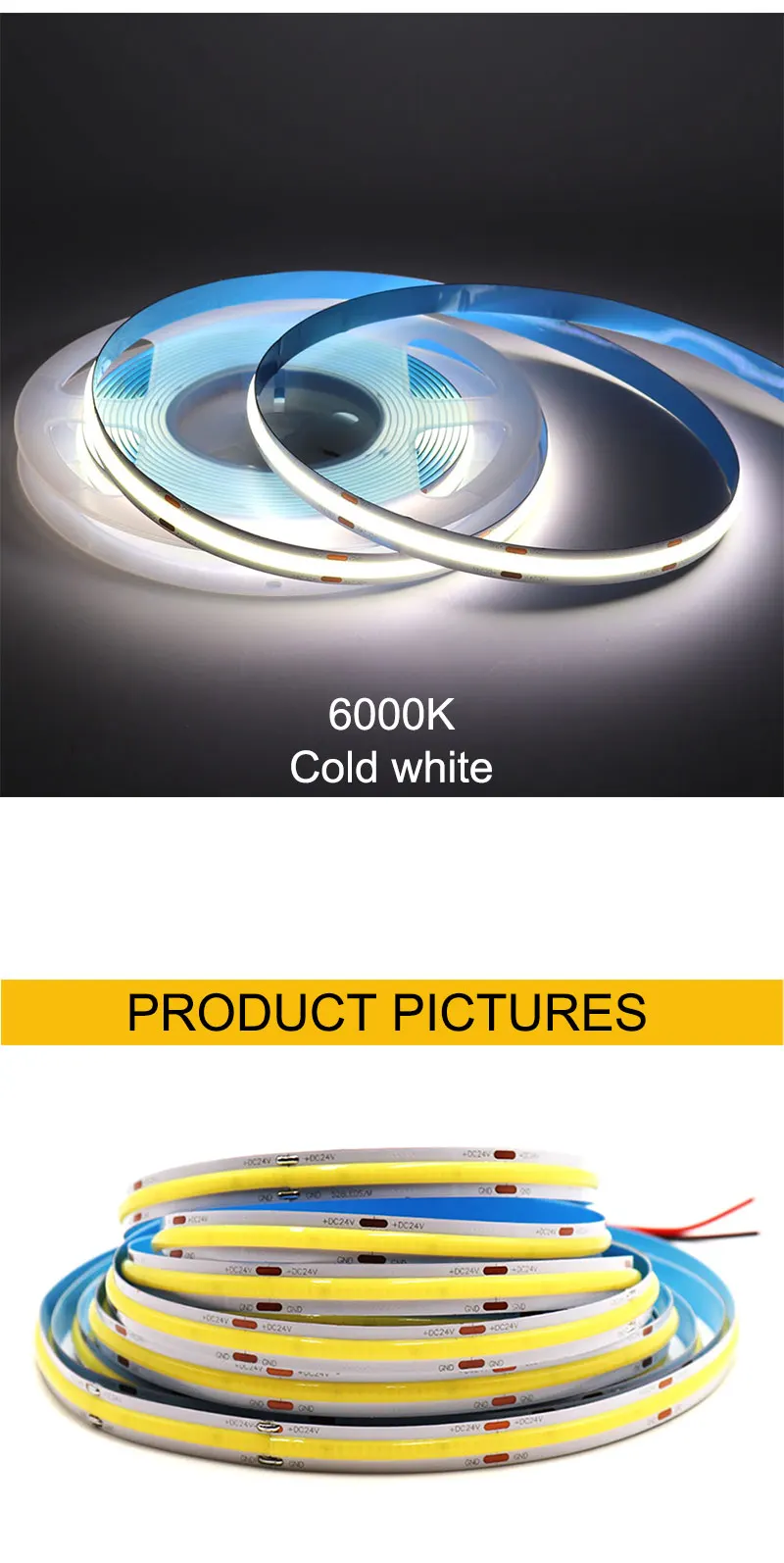 CRI 90 RA Dotless Flexible COB LED Strip Lights 12V 24V 320LED/M High Density 3
