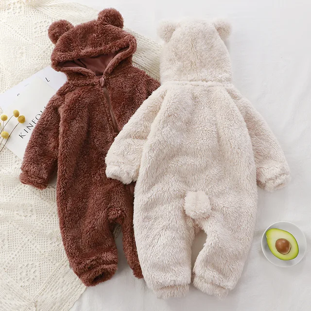 Cross-border baby onesie winter newborn warm climbing clothes baby plush overalls pajamas bear clothing