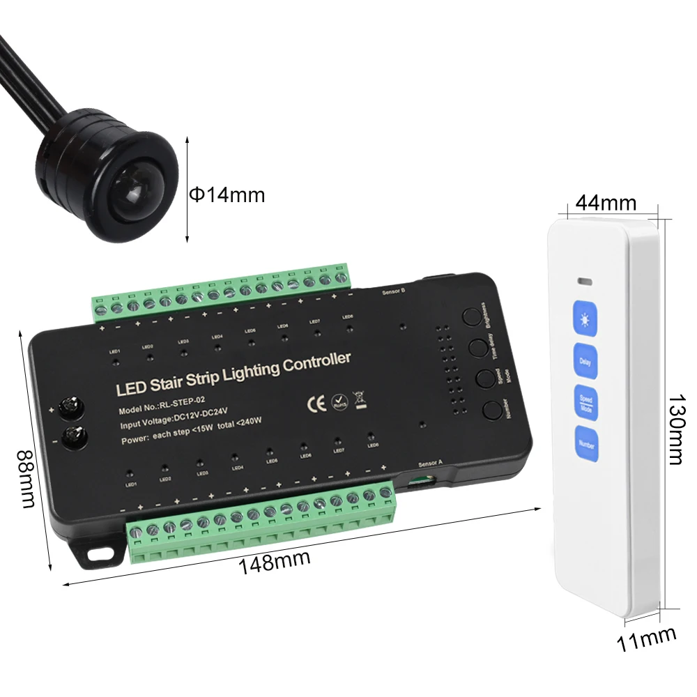 PIR Motion Sensor Stair Led Lighting Controller Moving Effect With Remote Control Dimming for 16 Steps Staircase Stair Use