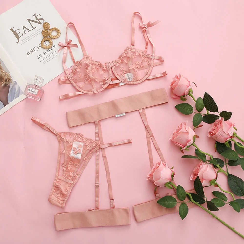 Sexy Three Piece Set Spring Embroidery Mesh Stitching Cute Lace Shoulder Strap Waist Seal Underwear main image 0