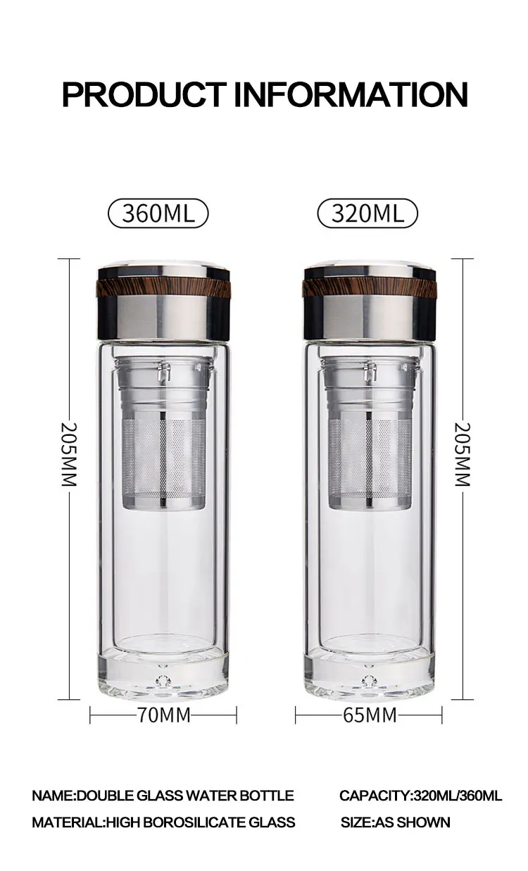 Wholesale Custom Logo 350ml Clear Double Wall Glass Water Bottle With