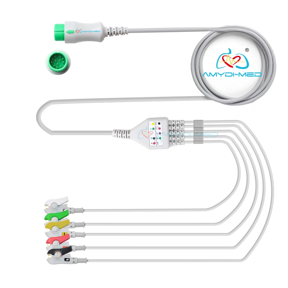 Compatible Ecg Medical Suppliers Cables Ekg Compatible With Mindray One-Piece 5-lead Clip Lead Wire 12 Pin Ecg Cable