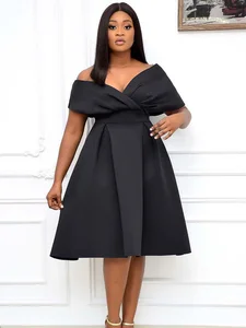 New Style Women Short Sleeve V-neck Sexy Satin Solid Plus Size  Dress Belt Shoulder Lady Elegant A-line Big Swing Casual Dress