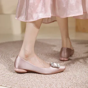 7318-1 French Classic Satin Silk Low Heel Flat Shoes for Women Single Thick Heel Square Rhinestone Buckle Elegant Slip-On Autumn