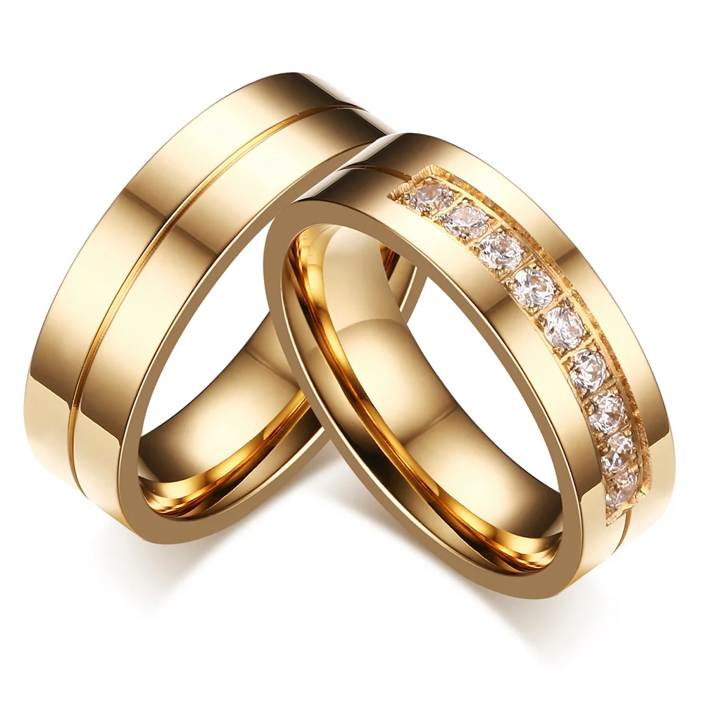 Women's Stainless Steel 18K Gold Plated CZ Engagement Wedding Band Ring Set Pair 