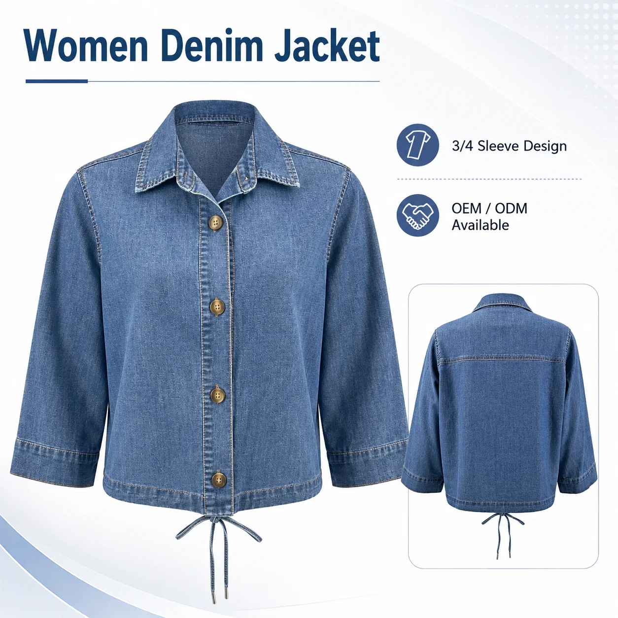 Wholesale Custom Organic Cotton Eco-Friendly Breathable Stretch Slim Fit Long Women's Cropped Denim Jacket