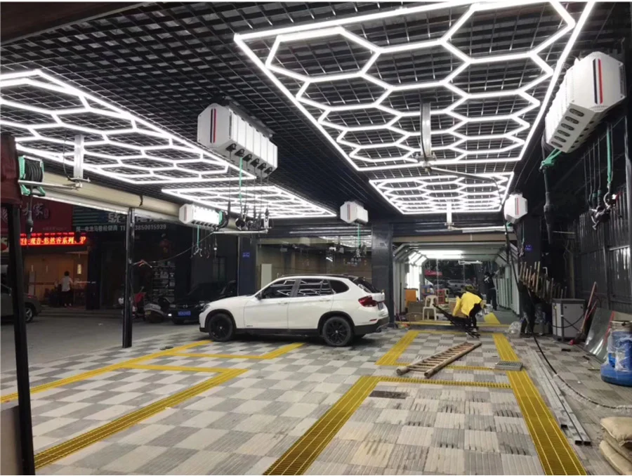 6500k Custom Designed Led Hexagon Garage Lighting Suspended Led Car Care Workshop Detailing Light