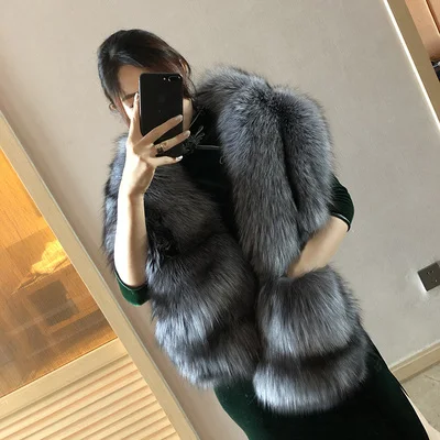 MWFur Fashion Fox Fur Stole Wrap with Pockets Winter Fur Shawl for