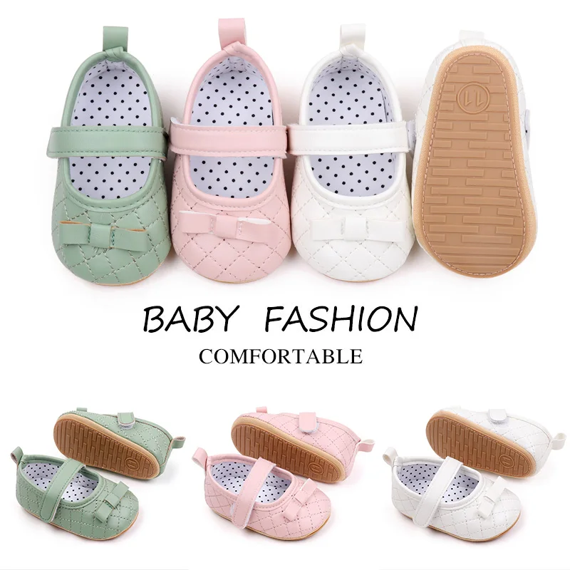 Spring & Summer Solid Color Plaid Bow Non-slip Soft-soled Baby Shoes for Girls details
