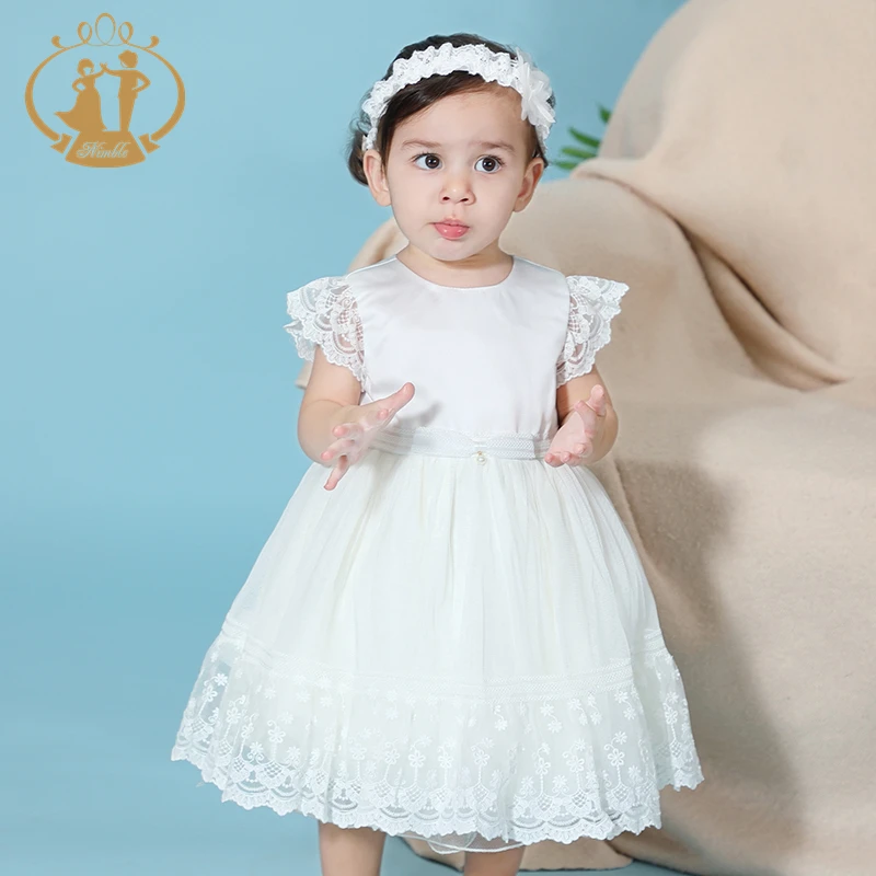 Nimble New Arrival Lace White Communion Dress for Girls Sleeveless Baby Girl Dress 2pc With Headband Baby Cotton Frocks Designs