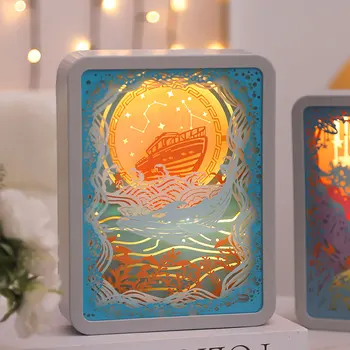 Creative 3D Paper-Cut LED Night Light Square Desktop Gift with Carving and Painting Battery-Powered for Room Decoration