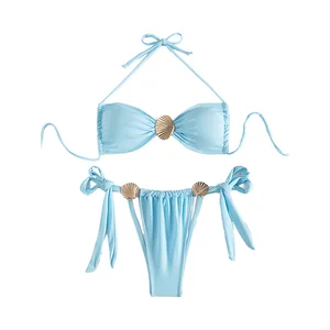Custom 2026 New Metal Shell Halter High Cut 2 Piece Bikini Blue Bandage Solid Swimsuit Women Side Tie Thong Swimwear
