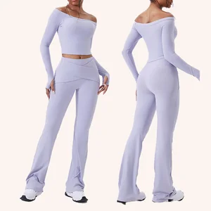 Off-Shoulder Long Sleeved Yoga 2-Piece Fitness Suit High Waist Tight Pants Indoor Pilates Fitness Suit Plus Size Yoga Suit