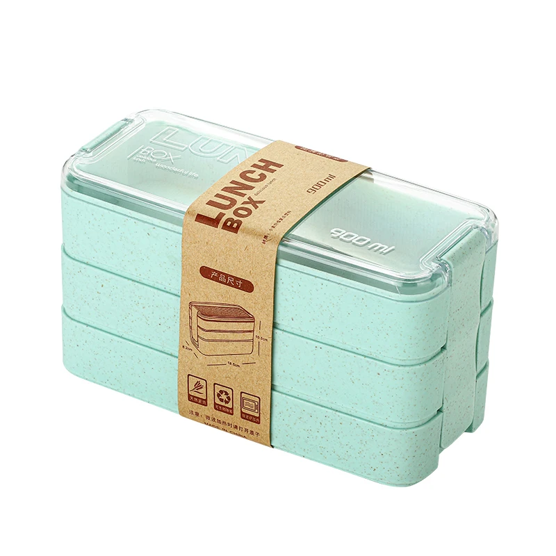 Safe Microwave 3 Layer Wheat Straw Lunch Box Custom Plastic Bento Box With Cutlery Set Logo