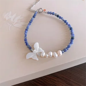 Exquisite Natural Blue Stone Baroque Bracelet with White Shell Butterfly Charm Unique Handmade Jewelry Women Elegant Fashionable