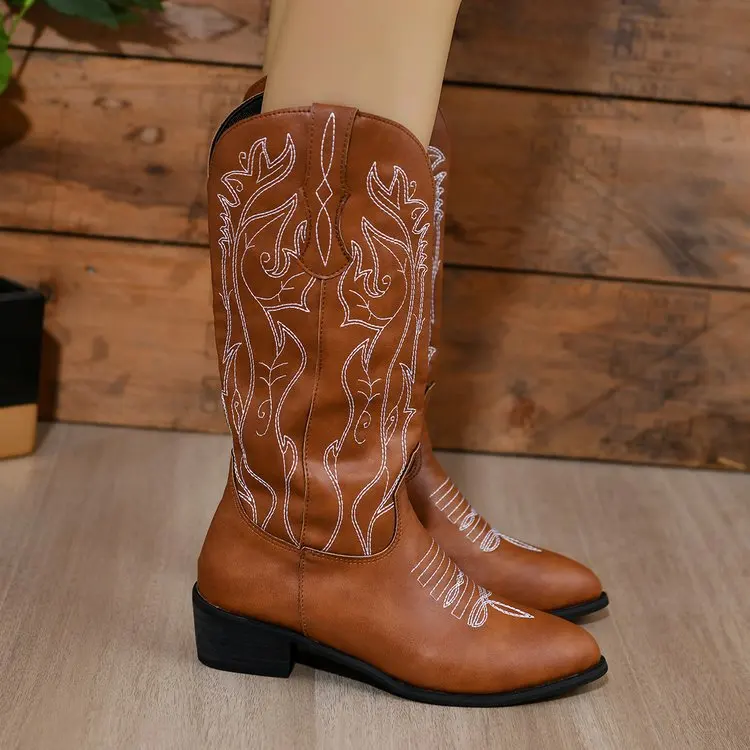 Factory Size 43 Cowgirl Boots Pointed Toe Autumn Winter Slip-on Mid Calf Women Embroidery Western Cowboy Boots - Image 3