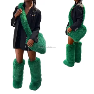 BUSY GIRL HS9271 Women's Green Faux Fur Set Knee-High Boots Heart Shaped Bag Custom Winter Boots Faux Fur Boots for Women Warm
