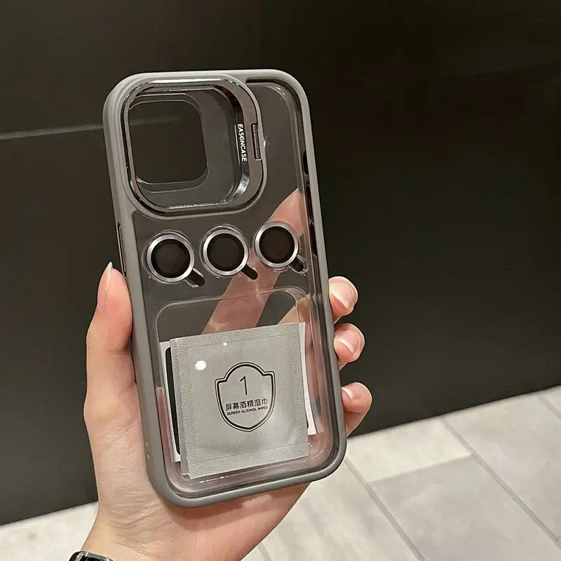 Luxury Metal Invisible Camera Stand Phone Case Clear PC Back Case With Frame Lens Protector Bracket for iPhone 15 14 13 Pro Max