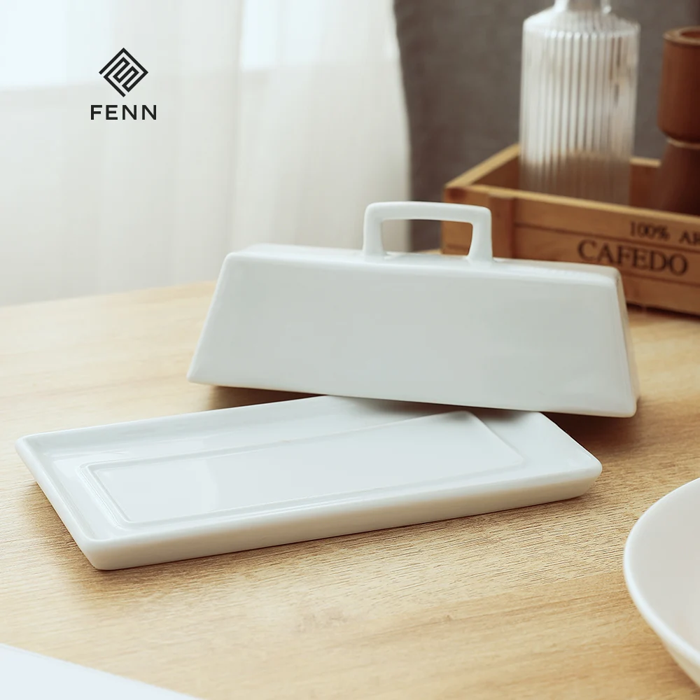 FENN Popular Modern Rectangle Shape White color Butter Sugar Flour Dish Container Custom Ceramic Butter Dish Modern With Lid