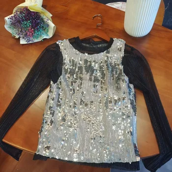 Clothing Manufacture Women's Custom Logo and Plus Size Beautiful Fashion Sequin Tank and Mesh Shirt Set Breathable Party Wear
