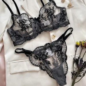 Cross-border Hot-selling Floral Embroidery Sheer Mesh ODM Dobby Fabric Sexy Comfortable Simple Push-up Lingerie Set