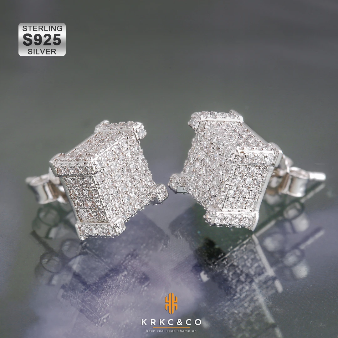 Cordino Occhiali Orecchini Da Uomo Argento Sterling 925 Quadrati Con Zirconi - Cristallo Nero Chiaro, Misura 4-10mm, Singolo Stud Gioielli Argento Sterlina Uomo