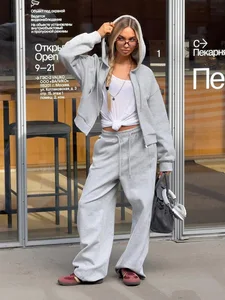 Cross-border Casual Zipper Cardigan Sweater Suit Women's Korean 2026 Autumn Winter New Cotton/Polyester Long Sleeve Wide Leg