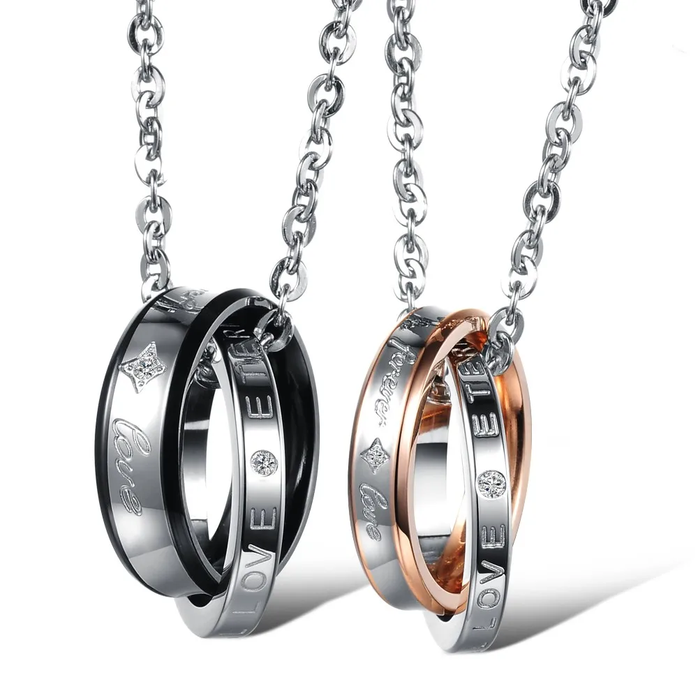 AMDXD Jewelry Stainless Steel Pendant Necklace for Women Men Couples 2 Rings Interwoven Engraved 