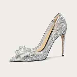 Luxury Lady High Heels Sexy Pointed Toe Crystal Glass Flower Gold Winter Rhinestone Slingback Slip-On Closure Thin Bridal Shoes
