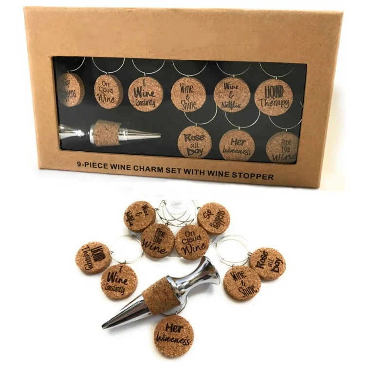 Holiday gift party decoration christmas cork wine glass charms set with bottle stopper