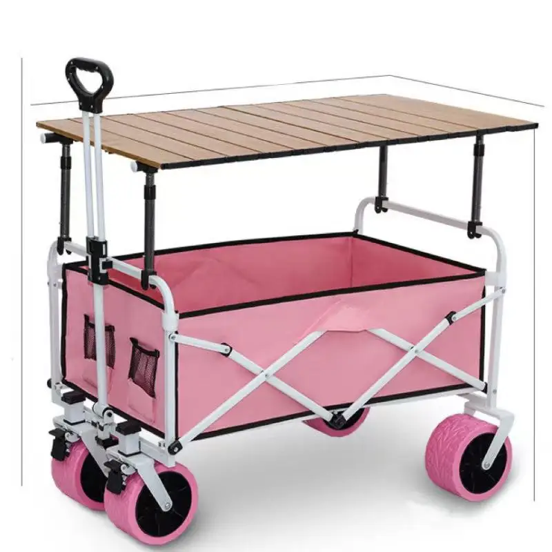 Factory Direct Sale Industrial Foldable Four-Wheel Camping Outdoor Storage Table Trolley with Plastic Construction