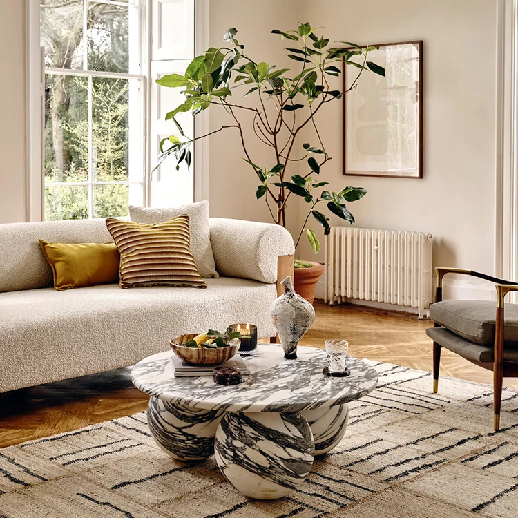 Living Room Modern Design Three Sphere Balls Base Marble Round Luxury White Marble Top Coffee Table