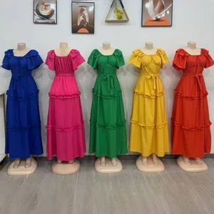 New Summer Square Collar Belted Casual Women's Clothing Solid Color Short-sleeved Dress