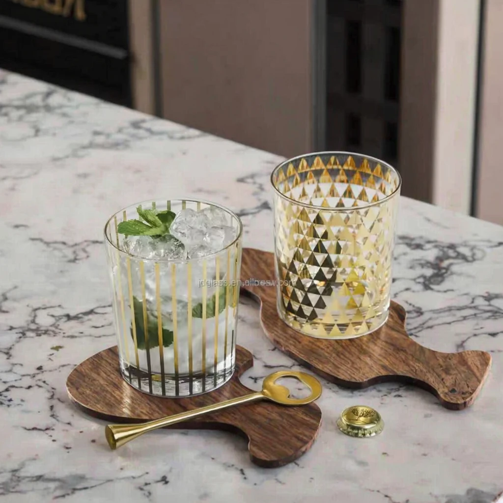 Gorgeous Gold Patterned Drinking Pint Glasses Stripe and Geometric Triangle Design for Barware Collection