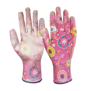 GN1004 Floral fashion pattern Flower printing seamless Nylon liner PU coating Nitrile coated women Garden work hand gloves