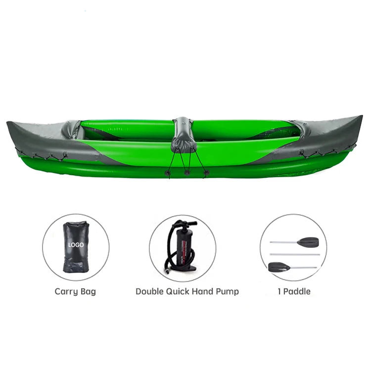 Custom Green Inflatable Canoe Kayak 2 Person With Paddle Pvc Foldable Double Inflatable Fishing