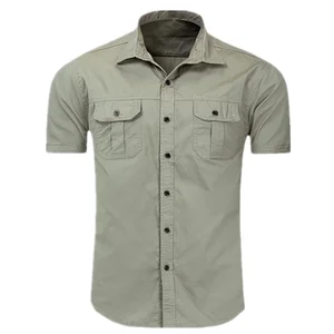 Short Sleeved Men's Shirt Classic Spread Collar Casual Solid Shirt Two Patch Pockets Work Fishing Shirts for Men