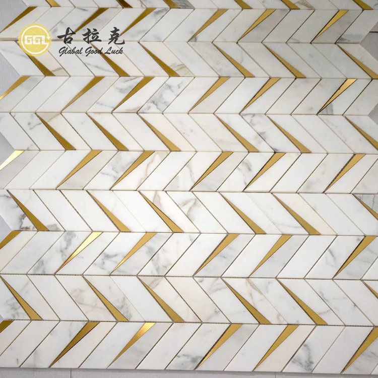 Chevron Marble Brass Mosaic Tiles For Wall And Floor Decoration & Marble Mosaics For Villa