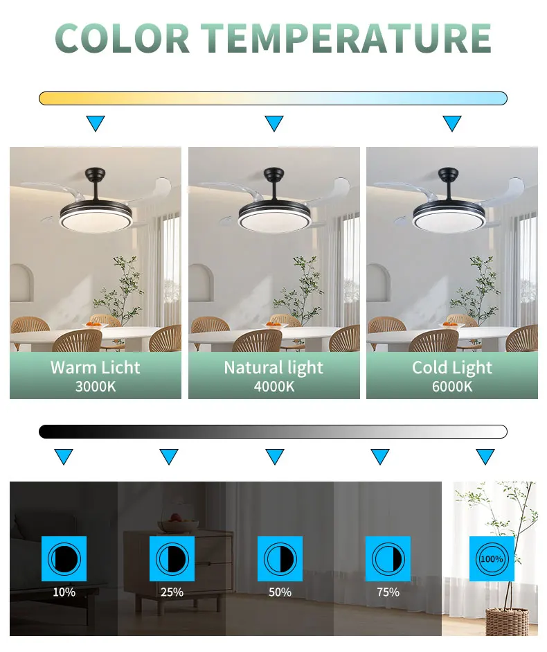 HC732 Home Smart Remote Control 42 Inches Black Design Invisible Ceiling Led Chandelier Lamp with Fan