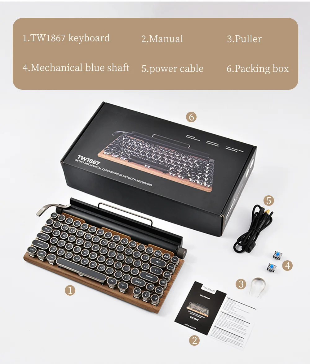 レトロパンクキーボードタイプライターBTメカニカルワイヤレス