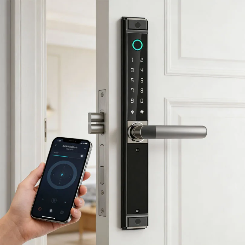 قفل هوشمند با اثر انگشت و بلوتوث برای امنیت بالا، فروش عمده از کارخانه، قفل هوشمند برای درب‌های چوبی با آلیاژ آلومینیوم — برند Kaisstar