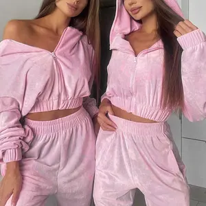 Huili Custom High Quality Velour Zip up Crop Hooded Top and Joggers Y2K Vintage Two Piece Set Velvet Tracksuit for Women