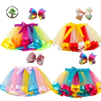 Hot Selling Little Girls Kid Children Pink Rainbow Plain Tulle Skirts Beautiful Baby Girl Cute New Tutu Skirt With Hair Bow Clip