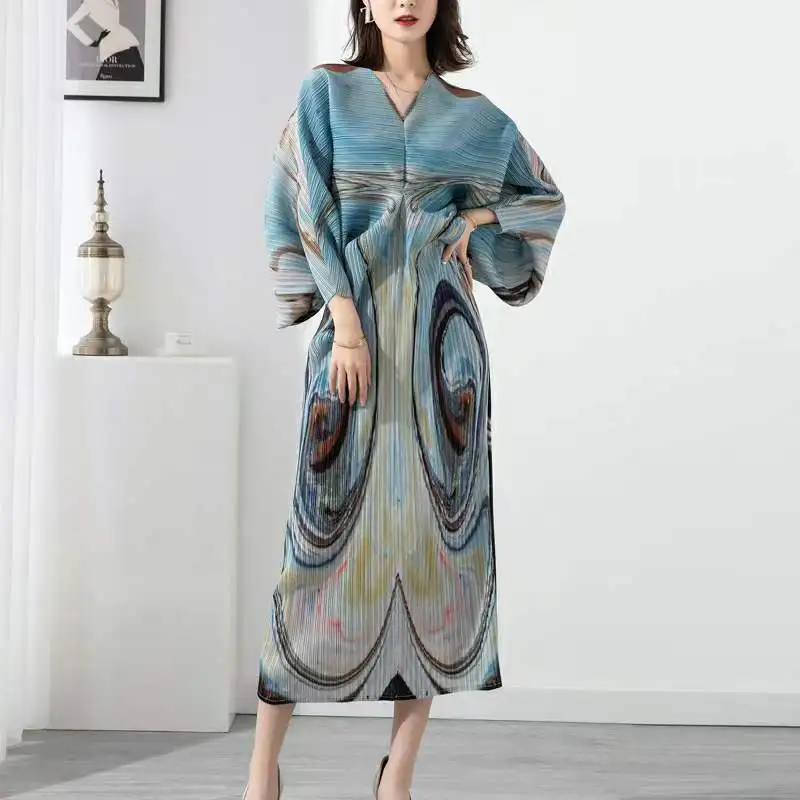 2024 Spring New Pleated Fishtail Dress Batwing Sleeve Vneck Printing   Had114fd2c3d04f5882b2cc93c2739dfcB 