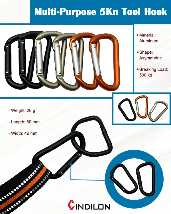 Multi-Purpose 5KN Aluminum Tool Hook Sandblasted Anti-Slip Surface Carabiner for Tools, Keys and Outdoor Gear