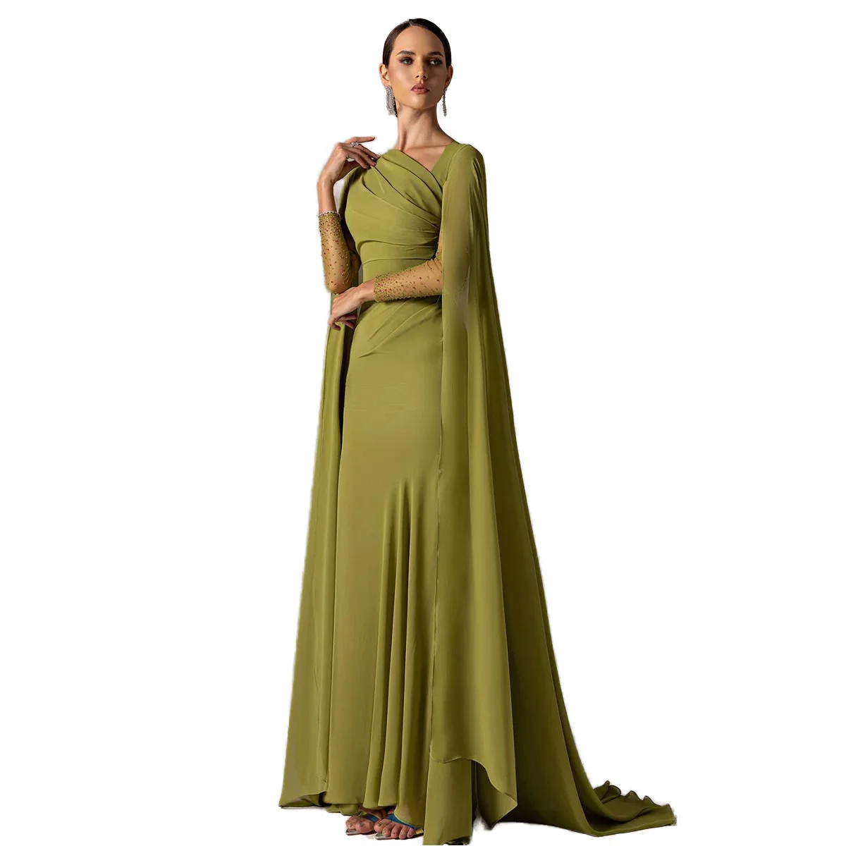 Sharon Said SF051 Asymmetrical Sage Green Chiffon Evening Dress with Cape  Sleeve for Women's Wedding & Events