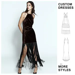 Custom Design Women  Vintage Empire Waist Tassel Decorated Velvet Sexy Halter Neck Midi Dress Sleeveless Dresses Ladies Clothing