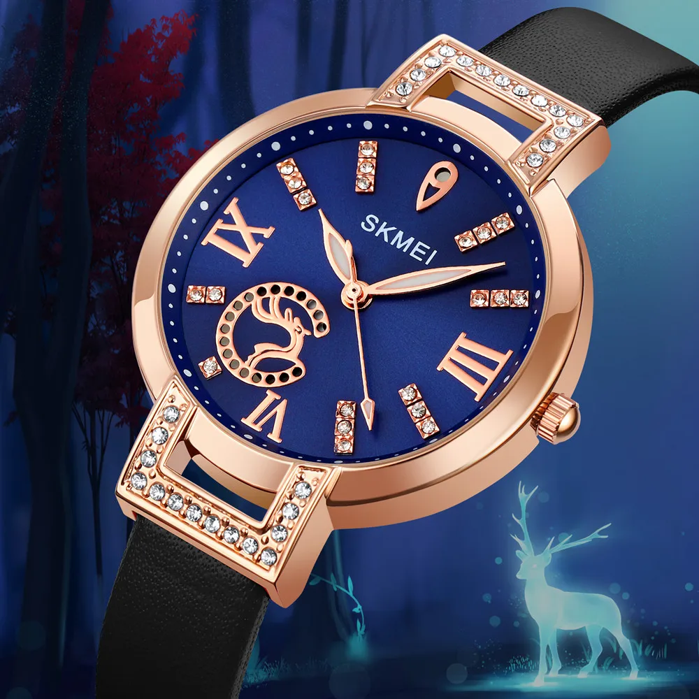 Elegant Skmei 1977 Leather Strap Women Wristwatch Jewelry Minimalist Quartz Watch for Ladies