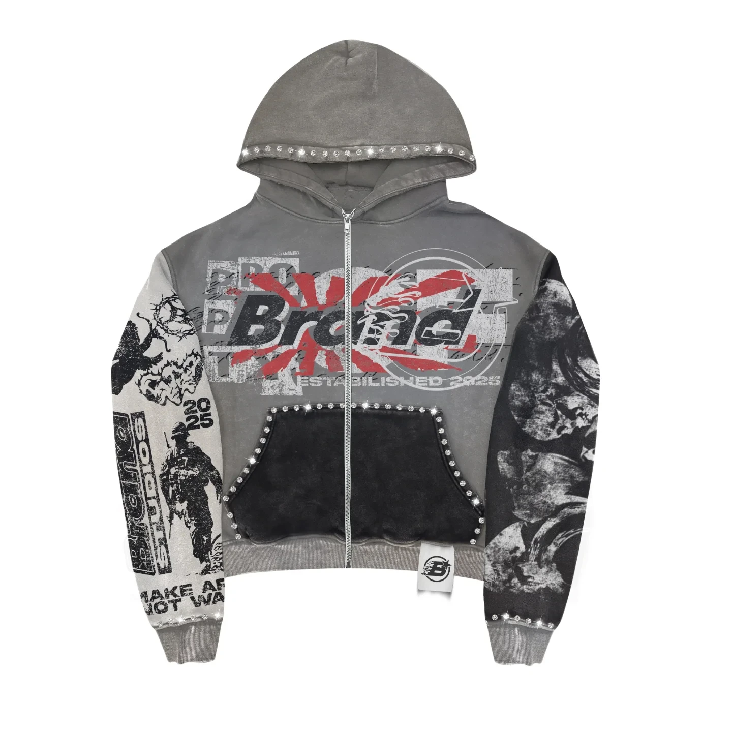 Manufacture Custom Dgt Logo Print Retro French Terry Oversized Streetwear Acid Washed Distressed Hem Rhinestone Vintage Hoodie