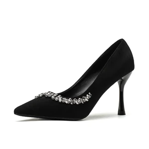 Classy Women's Black Suede Comfortable Pointed-Toe Stiletto Heel Summer Pumps with Silver Rhinestone Trim Detail